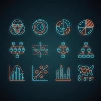 diagramas de luz de neón conjunto de iconos. representación esquemática de info. visualización de datos estadísticos. ciencia, tecnologías informáticas, negocios, finanzas. signos brillantes. ilustraciones vectoriales aisladas vector