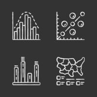 Diagrams chalk icons set. Histogram, bar graph, scatter plot, cartogram. Data visualization. Analytical information. Comparisons among discrete categories. Isolated vector chalkboard illustrations