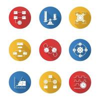 Diagram concepts flat design long shadow glyph icons set. Statistics data and process flow. Information symbolic representation. Comparisons among discrete categories. Vector silhouette illustration