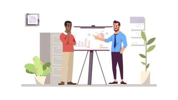 Boss with employee flat vector illustration. Manager, supervisor, employer isolated cartoon character. Partners discussing stock market statistics. Entrepreneur control working process, workflow