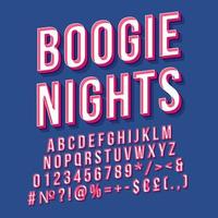 Boogie nights vintage letras vectoriales 3d. fuente en negrita retro, tipografía. texto estilizado del arte pop. letras, números, símbolos, paquete de elementos de estilo de la vieja escuela. Cartel de los 90, 80, pancarta. fondo de color yale vector