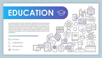 Education banner, business card template. Studying, learning. Company contact with phone, email linear icons. College, university graduation. Presentation, web page idea. Corporate print layout vector