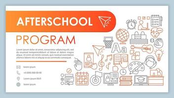 Afterschool program banner, business card template. After school education. Company contact with phone, email linear icons. Kids classes, lessons. Presentation, web page idea. Corporate print layout vector