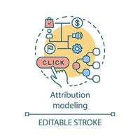 icono del concepto de modelado de atribución. Ilustración de línea fina de idea de beneficio de marketing digital. analítica web, actividad de marketing, conversiones. dibujo de contorno aislado vectorial. trazo editable vector