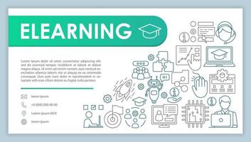 E learning banner, business card template. Online courses, classes. Company contact with phone, email linear icons. Remote education, elearning. Presentation, web page idea. Corporate print layout vector