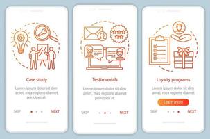 Decision making content orange onboarding mobile app page screen vector template. Customer attraction walkthrough website steps with linear illustrations. UX, UI, GUI smartphone interface concept