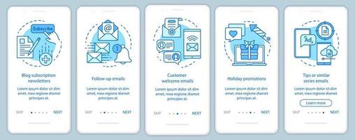 Plantilla de vector de pantalla de página de aplicación móvil de incorporación azul de marketing por correo electrónico. suscripción al blog, promociones paso a paso del sitio web con ilustraciones lineales. concepto de interfaz de teléfono inteligente ux, ui, gui