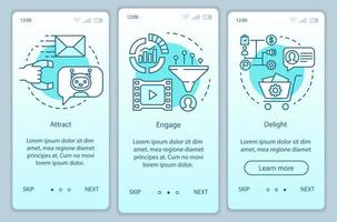 Inbound marketing method for customers turquoise onboarding mobile app page screen vector template. Walkthrough website steps with linear illustrations. UX, UI, GUI smartphone interface concept