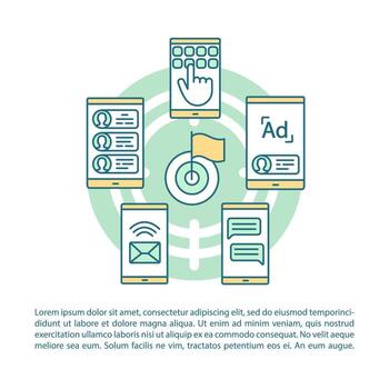 Mobile marketing article page vector template. Target audience. Brochure, magazine, booklet design element with linear icons and text boxes. Print design. Concept illustrations with text space