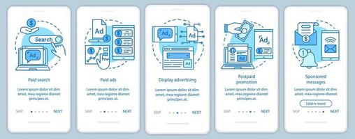 PPC channels blue onboarding mobile app page screen vector template. Media marketing, ad networks walkthrough website steps with linear illustrations. UX, UI, GUI smartphone interface concept