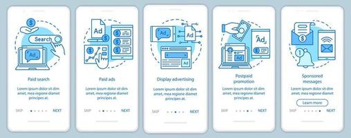 Plantilla de vector de pantalla de página de aplicación móvil de incorporación azul de canales ppc. marketing de medios, redes publicitarias, paso a paso, pasos del sitio web con ilustraciones lineales. concepto de interfaz de teléfono inteligente ux, ui, gui