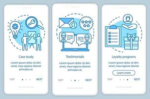 plantilla de vector de pantalla de página de aplicación móvil de incorporación azul de contenido de toma de decisiones. Pasos del sitio web del tutorial de atracción de clientes con ilustraciones lineales. concepto de interfaz de teléfono inteligente ux, ui, gui