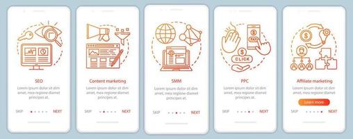 Digital marketing tactics orange onboarding mobile app page screen vector template. Affiliate marketing walkthrough website steps with linear illustrations. UX, UI, GUI smartphone interface concept