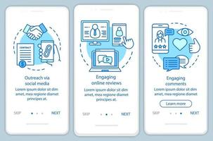 Plantilla de vector de pantalla de página de aplicación móvil de incorporación de pr en línea azul. Redes sociales, pasos del sitio web de tutorial de marketing de contenidos con ilustraciones lineales. concepto de interfaz de teléfono inteligente ux, ui, gui