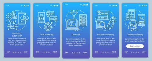 Digital marketing tactics blue onboarding mobile app page screen vector template. Advertising campaign walkthrough website steps with linear illustrations. UX, UI, GUI smartphone interface concept