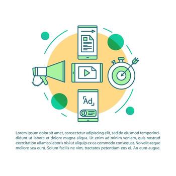 Mobile marketing article page vector template. Brochure, magazine, booklet design element with linear icons and text boxes. Print design. Concept illustrations with text space