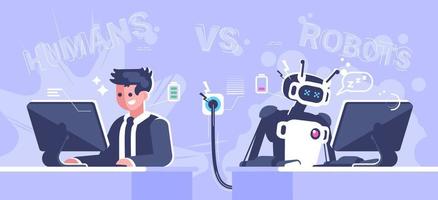 Happy human worker with low battery robot flat vector illustration. People better than AI machines. Human vs robots. Professional manager and discharged cyborg working with computers characters