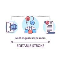 Multilingual escape room concept icon. Text translation idea thin line illustration. Different languages team game. International communication. Vector isolated outline drawing. Editable stroke