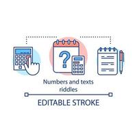 Numbers and texts riddles concept icon. Mind game idea thin line illustration. Math and word puzzles. Calculations and counting. Vector isolated outline drawing. Editable stroke