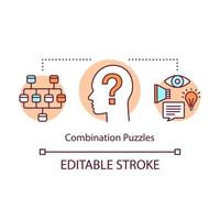 Combination puzzles concept icon. Strategy game solving algorithm idea thin line illustration. Different puzzle types synthesis. Problem solution. Vector isolated outline drawing. Editable stroke
