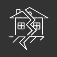 Earthquake chalk icon. Displacement of earth surface. Natural disaster. Geological fault. Seismic activity. Cracked ground and house. Material damage. Isolated vector chalkboard illustration