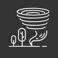 Tornado chalk icon. wister. Cyclone. Natural disaster. Extreme weather condition. Destructive whirling wind. Atmospheric phenomenon. Storm spiral funnel, trees. Isolated vector chalkboard illustration