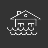 Flood chalk icon. Overflow of water. Sinking house. Submerged building. Flooding locality. Sea level rise. Natural disaster. Isolated vector chalkboard illustration