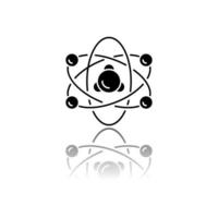 Nuclear physics drop shadow black glyph icon. Atomic structure model. Electrons, neutrons and protons. Subatomic molecular particles. Atom core elements. Nuclear matter. Isolated vector illustration