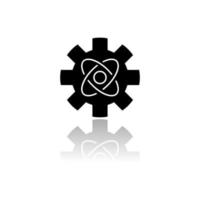 Engineering physics drop shadow black glyph icon. Nanotech. Cogwheel and atom structure model. Mechanical engineering. Nano technologies development. Nuclear energy using. Isolated vector illustration
