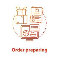 Order preparing red concept icon. Goods dispatch idea thin line illustration. Preparation boxes for transportation. Checking data in computer and clipboard. Vector isolated outline drawing