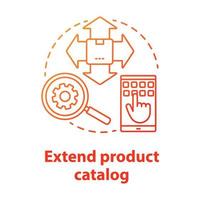 ampliar el icono del concepto rojo del catálogo de productos. Ilustración de línea fina de idea de negocio en línea. servicio de dropshipping. tienda de internet. aumentar la elección de productos. dibujo de contorno aislado vectorial vector