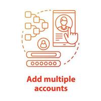 Add multiple accounts red concept icon. Register new user profile idea thin line illustration. Webpage registration. Social network authorization, app subscription. Vector isolated outline drawing