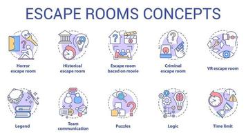 Escape room concept icons set. Quest types idea thin line illustration. Strategy game collection. Puzzles and riddles solving pack. Vector isolated outline drawing. Editable stroke