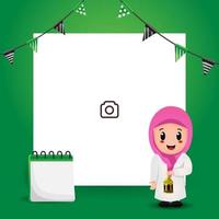 diseño de plantilla de banner fiesta islámica con foto de marcador de posición en blanco e ilustración chica islámica vector