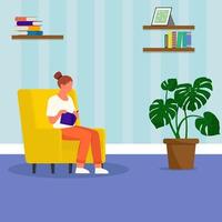 mujer leyendo un libro en casa. decoración de interiores vector