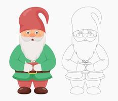 Cute little gnome with a gift in his hands. Christmas and New Year character. Gnome in color and outline vector