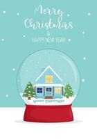 Merry Christmas and new year card. Winter wonderland scenes in a snow globe. Winter card design illustration for greetings, invitation vector