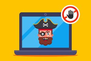 use pirated content on a laptop. flat vector illustration.