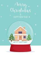 feliz navidad y tarjeta de año nuevo. escenas invernales del país de las maravillas en un globo de nieve. Ilustración de diseño de tarjeta de invierno para saludos, invitación. vector