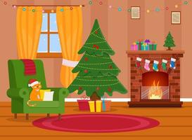 Christmas room interior. Christmas tree, gift, fireplace and decoration