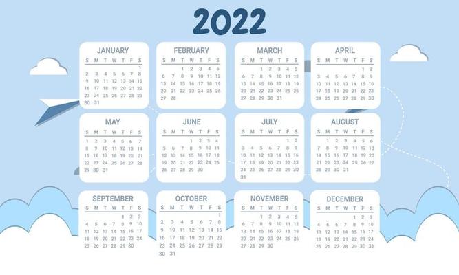 cute calendar template for 2022 in blue sky frame