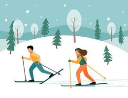 Man and woman are skiing in the natural park. Winter sport. Snowy landscape with trees.