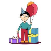 niño con una gorra de fiesta con globos y regalos. vector