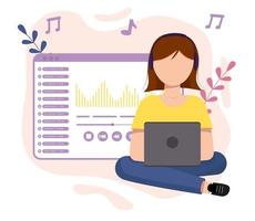 The girl listens to music. Day of music. Flat vector illustration