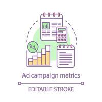 Ad campaign metrics concept icon. Advertising testing idea thin line illustration. Web statistics, analytics. Marketing, promotion analysis. Vector isolated outline drawing. Editable stroke