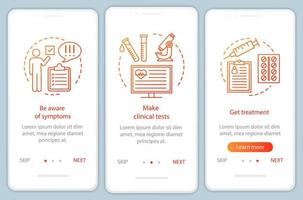 Medical screening onboarding mobile app page screen with linear concepts. Make tests, get treatment walkthrough steps graphic instructions. UX, UI, GUI vector template with illustrations
