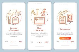 Medical screening onboarding mobile app page screen with linear concepts. Make tests, get treatment walkthrough steps graphic instructions. UX, UI, GUI vector template with illustrations