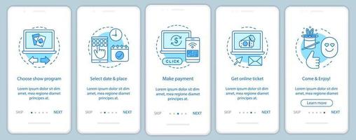 muestre la plantilla de vector de pantalla de página de la aplicación móvil incorporada. programa evento boleto en línea. rendimiento, mostrar ... pasos del sitio web paso a paso con ilustraciones lineales. concepto de interfaz de teléfono inteligente ux, ui, gui