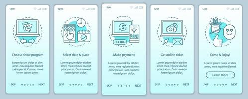 Show onboarding mobile app page screen vector template. Program online ticket payment. Performance event. Walkthrough website steps with linear illustrations. UX, UI, GUI smartphone interface concept