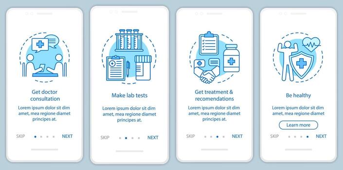 plantilla de vector de pantalla de página de aplicación móvil de incorporación de exámenes de salud. obtenga consulta médica, tratamiento. paso a paso del sitio web con ilustraciones lineales. concepto de interfaz de teléfono inteligente ux, ui, gui
